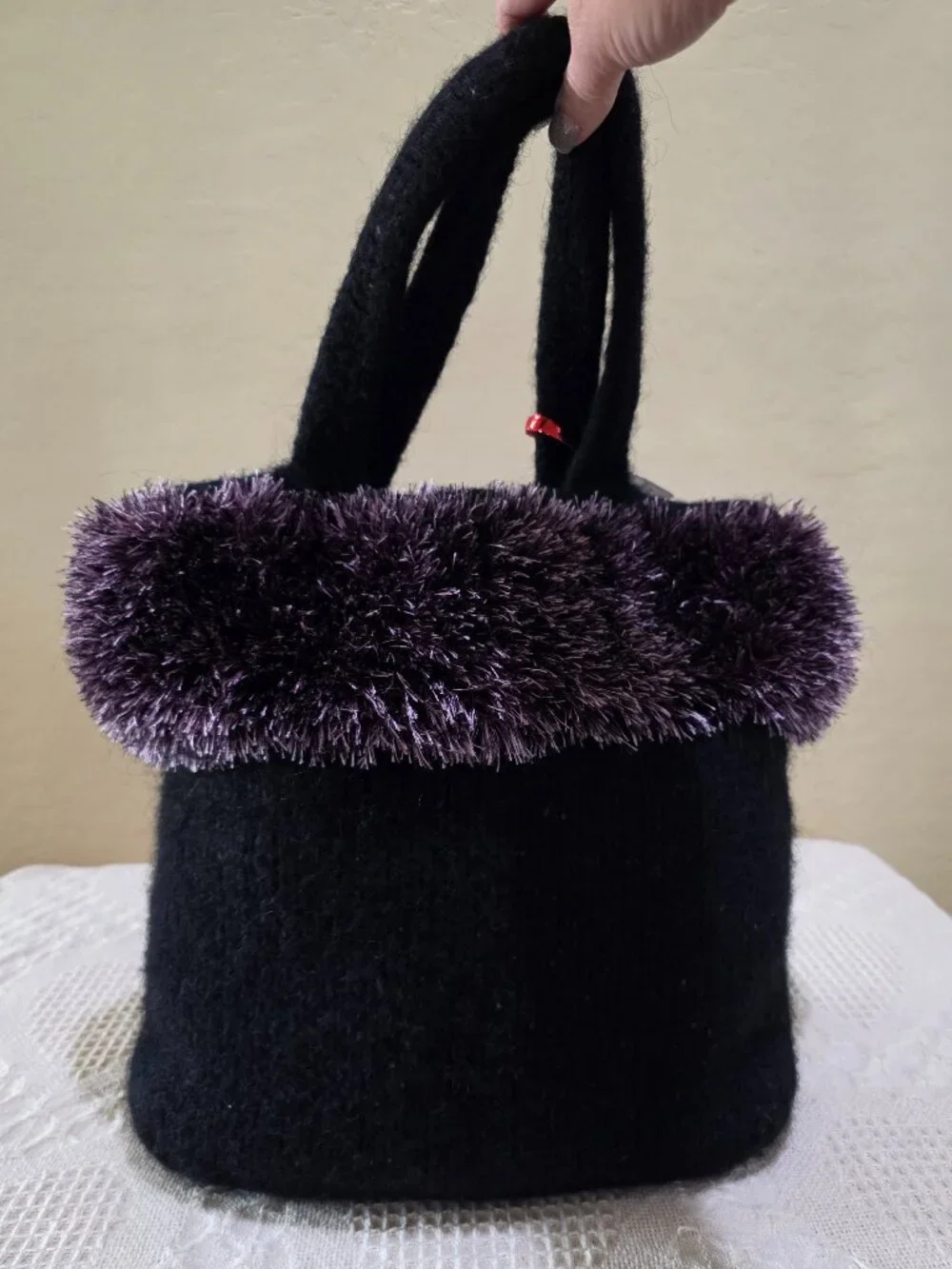 Handmade Black Felted Fuzzy Purple Black Purse Tote New Hampshire Textile Artist